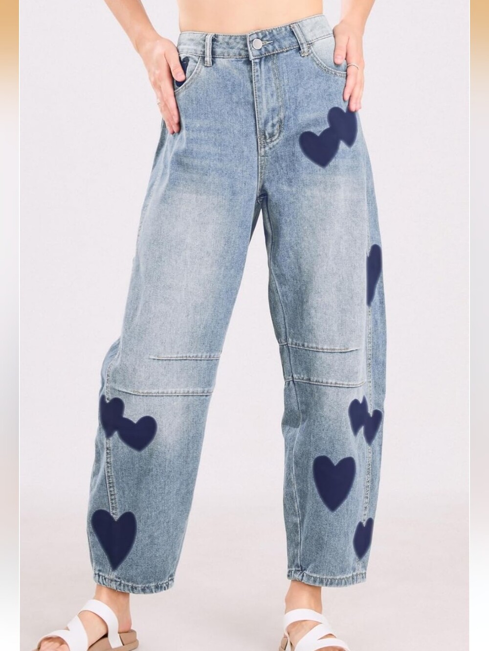 Womans Heart Print Wide Leg Barrel Leg Baggy Jeans Size Small